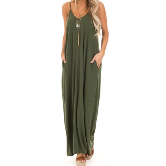 OLIVE green spaghetti strap maxi dress with pockets Extra Large XL - Picture 3 of 8